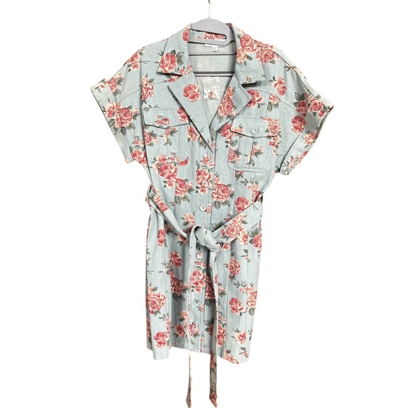 NWOT Mable Light Blue Floral Cotton Button Front Safari Denim Mini Dress Size S - Picture 1 of 8